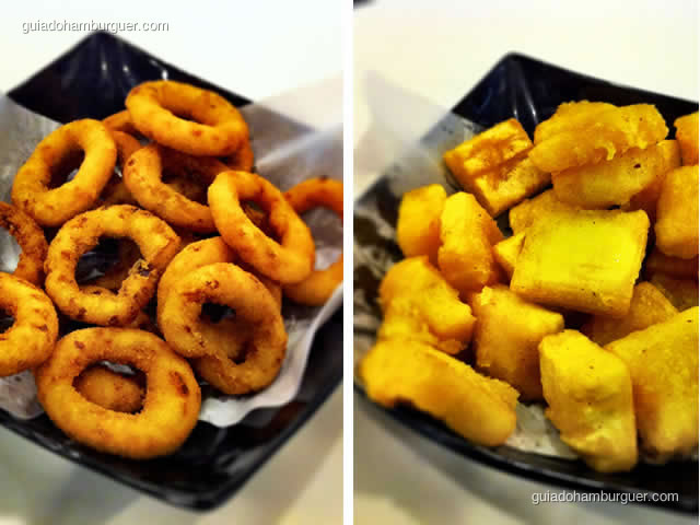 Porção de onion rings e mandioca cremosa