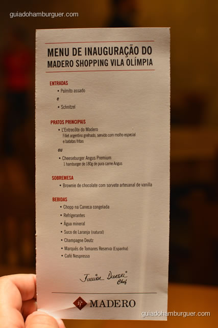 Menu de inauguração - Madero Burger & Grill